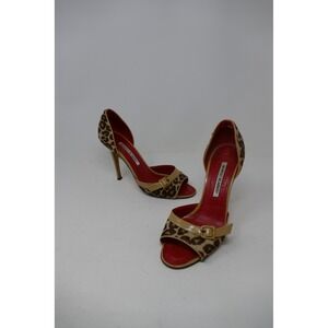 Manolo Blahnik Leopard Print Pony Hair Heels Open Toe Stilettos Party Shoes 38